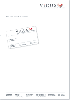 Geschäftsbriefbogen, Geschäftsvisitenkarte; ViCUS Grundbesitzgesellschaft. Berlin-Schöneweide