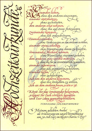 Hochzeitsurkunde, handgeschrieben auf Büttenkarton